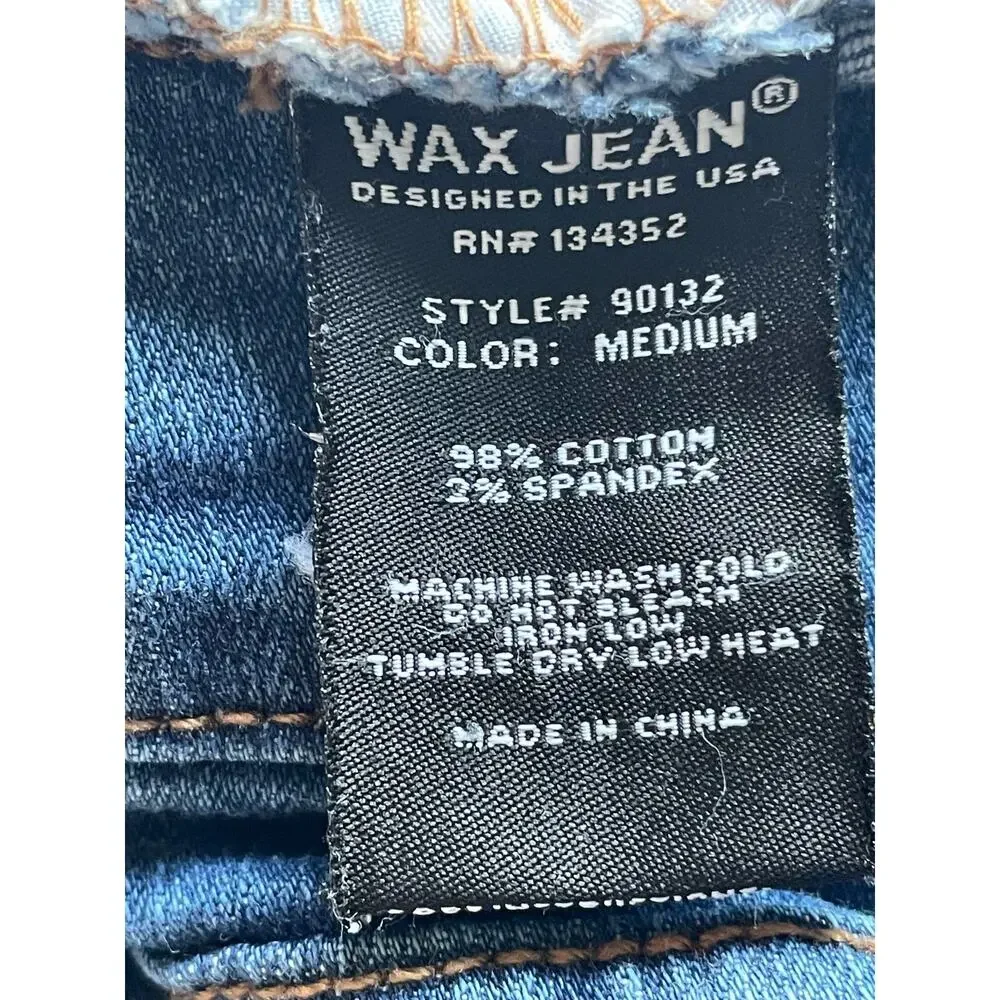 Wax Jean Distressed Mini Denim Skirt Womens Size L Blue Frayed Raw Hem Stretchy - Picture 7 of 8